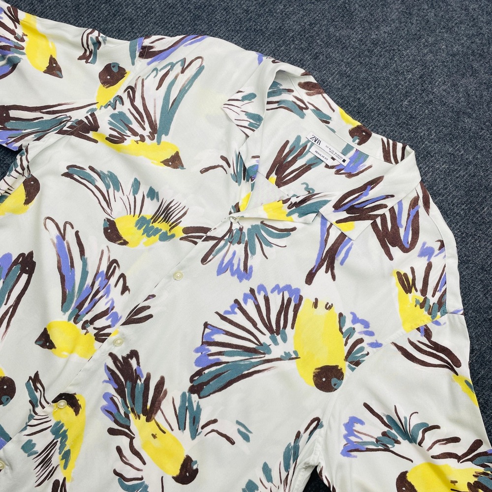 Zara Bird Print Button‎ Down Shirt XL White Yellow Blue Viscose Regular Summer